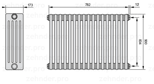 Схема (чертеж) Радиатор Zehnder Charleston 5090/17 №7610 Белый глянцевый RAL 9016